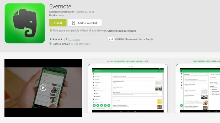 Evernote on Google Play, screenshot