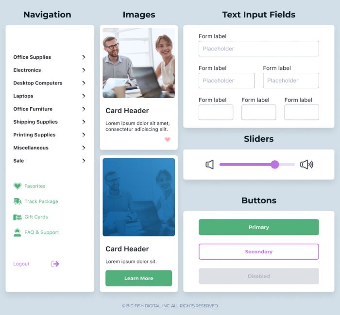 User interface elements: navigation, images, text input boxes, sliders, buttons