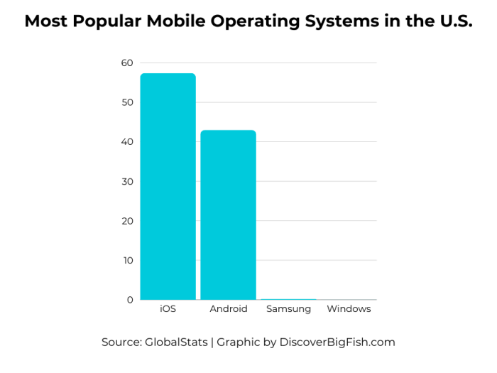 Most Popular Mobile Operating Systems in the U.S. iOS 57% Android 43% Samsung 0.22% Windows 0.03% (Source: GlobalStats)